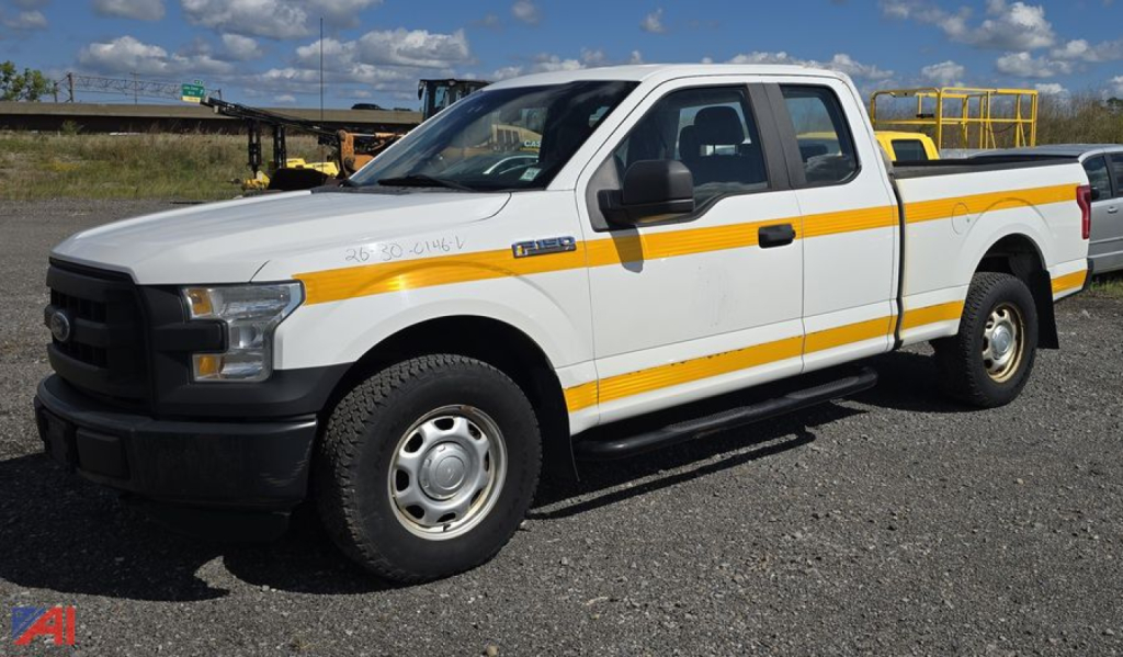 Ford F-150 pickup truck 4x4 crew cab white with orange reflective stripe and bed utility tailgate