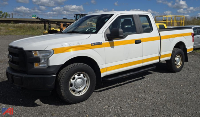 Ford F-150 pickup truck 4x4 crew cab white with orange reflective stripe and bed utility tailgate