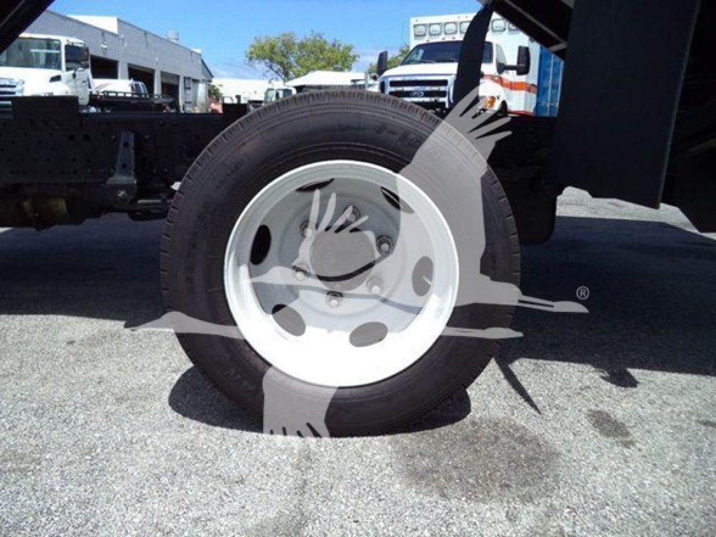 Isuzu NRR wheel and tire assembly showing white steel rim with tire mounted; portion of dump truck chassis visible in background.