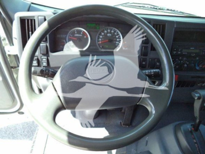 Isuzu NRR truck interior steering wheel and dashboard with gauges visible.