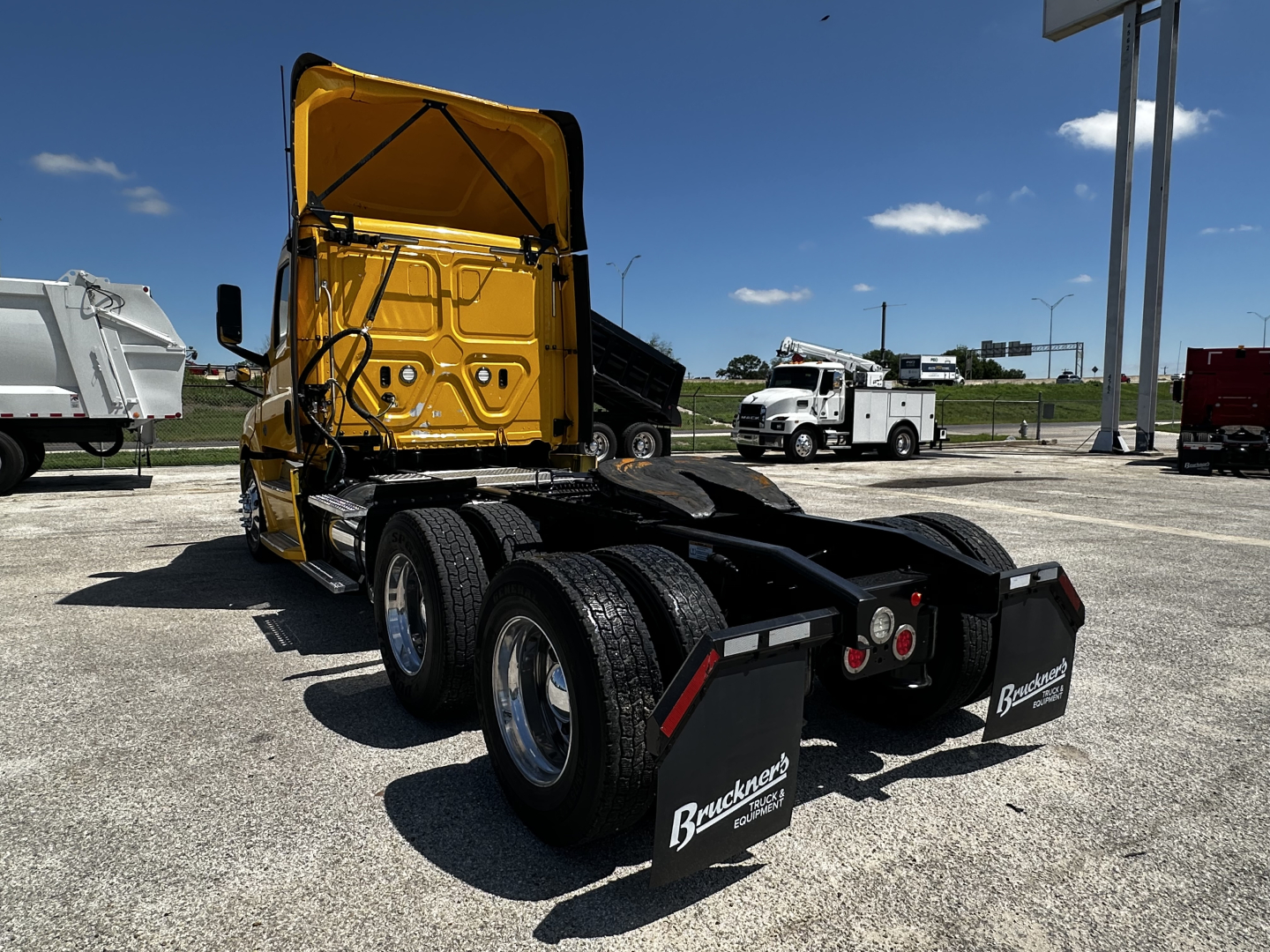 Freightliner Cascadia 126 truck chassis rear view showing dual rear axles and black mud flaps with Brandt logos.