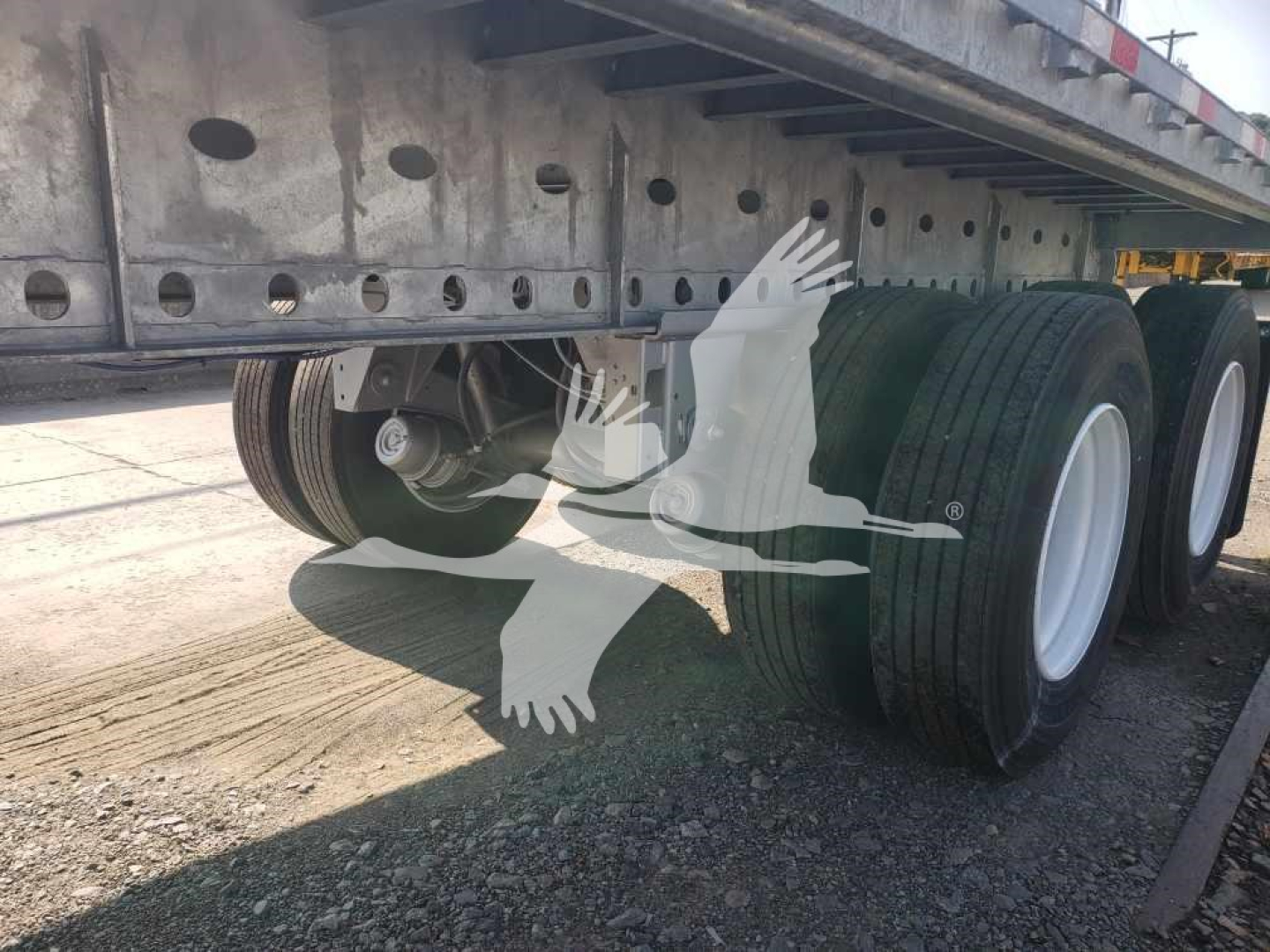Trailer undercarriage showing dual rear axles with black tires and white rims, metal flatbed frame with holes along the side, visible undercarriage components.