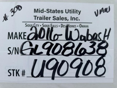Trailer tag showing Make 2016-Wabash handwritten, S/N GL9081638, STK # U90908 from Mid-States Utility Trailer Sales, Inc. with VIN 1JJV532D6GL908638 and categories Van/Trailers.