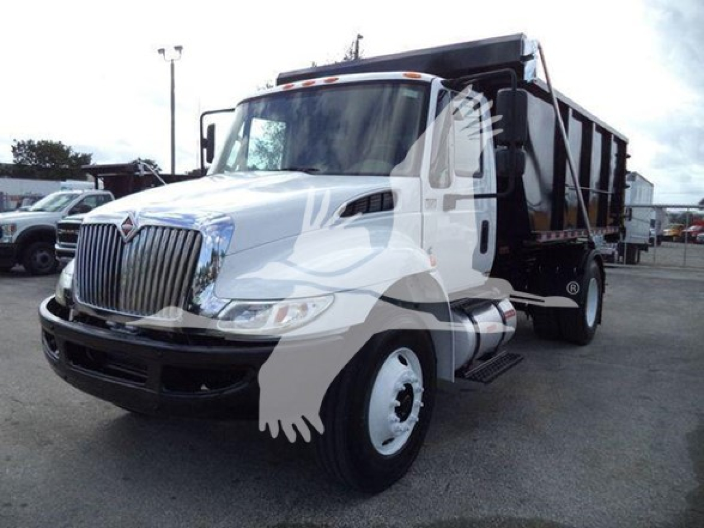 Truck front-left view of 2019 International Durastar 4300 rolloff with white cab and black dump bed, stock number T15012.