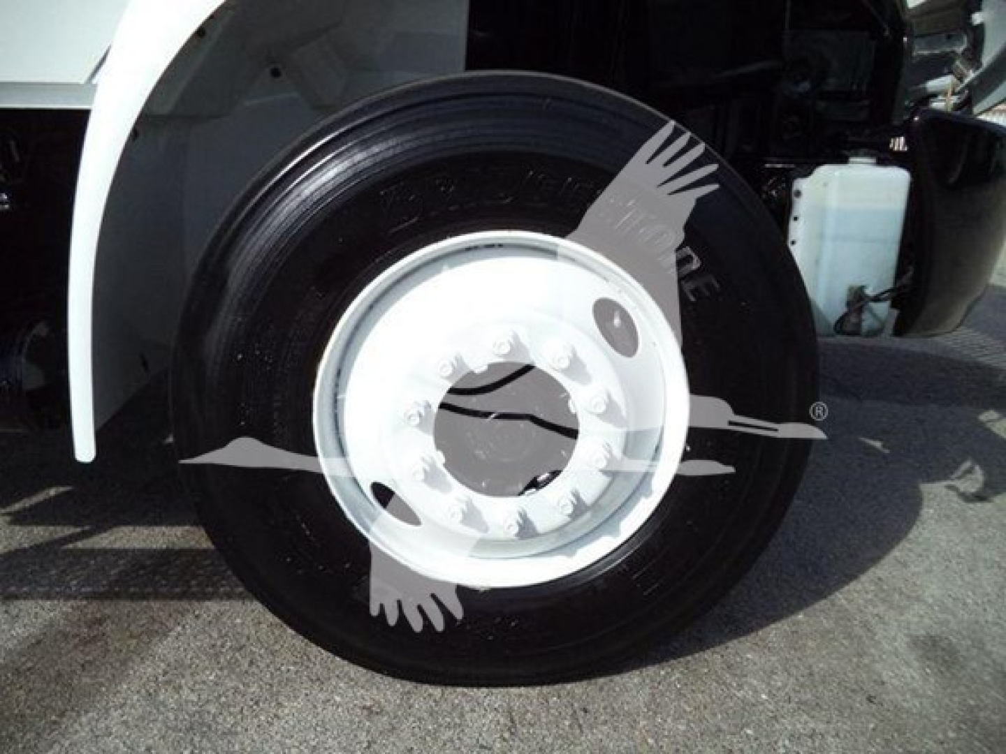 Truck wheel and fender view showing black tire with white wheel and blue coolant reservoir nearby.