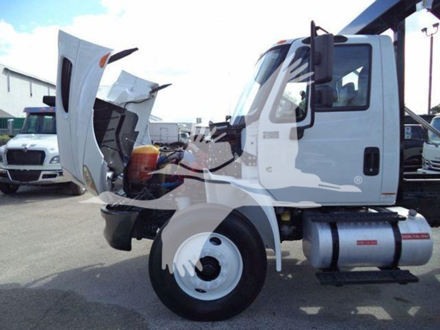 Truck cab of a 2019 International Durastar 4300 with its hood open and side mirror visible; engine compartment in view and front wheel on a service lot.