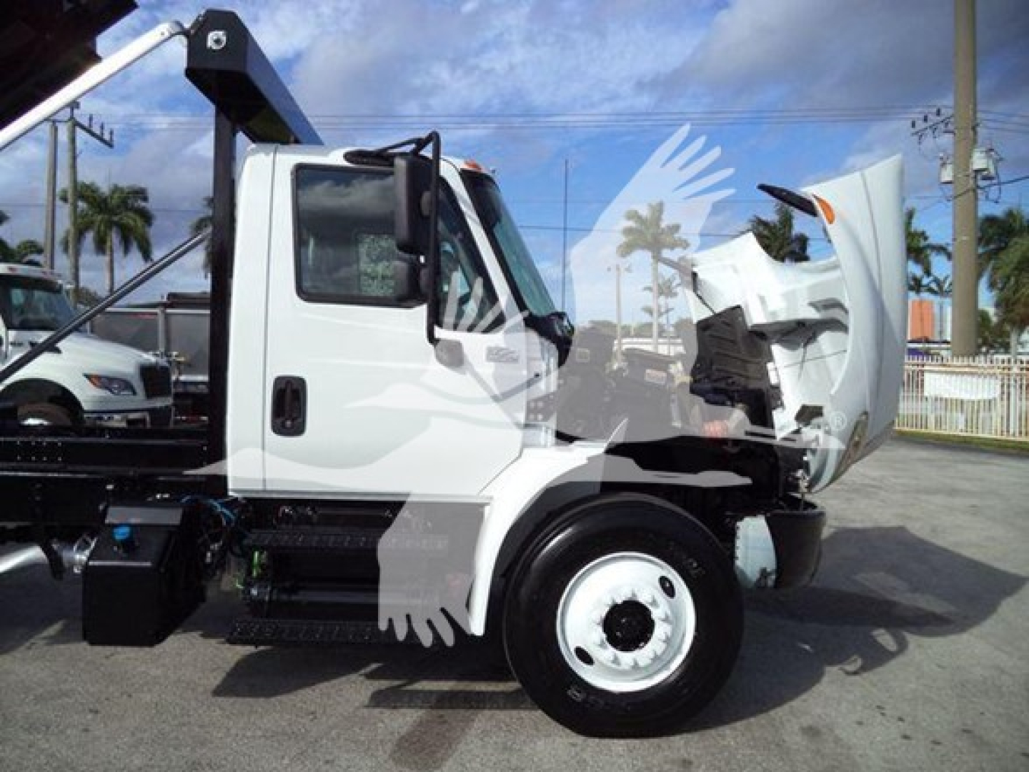 Truck side view of a 2019 International Durastar 4300 roll-off with hood open, white cab and black chassis, showing front wheel and crane arm.