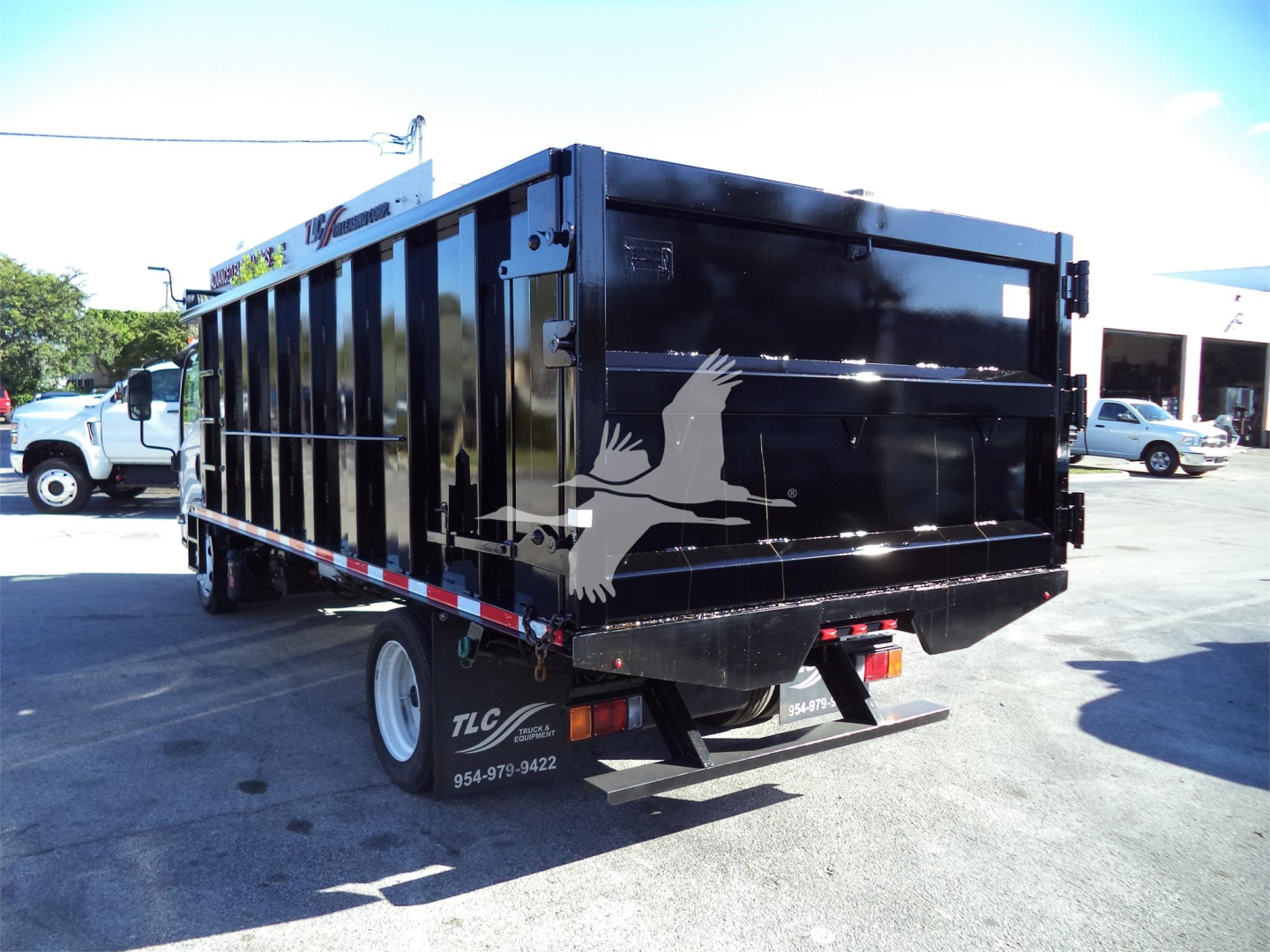 Isuzu NPRR dump truck rear three-quarter view showing black dump body with eagle graphic, rear gate, and dual rear wheels.