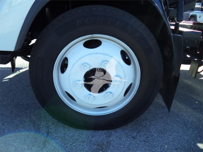 Isuzu NPRR wheel/tire close-up showing steel hubcap and FORTUNE All-Steel tire label