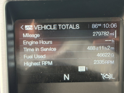 Vehicle totals display from Mack GR64F showing mileage 279782 mi, time in service 488d11h2m, fuel used 46622 G, highest RPM 2335, engine hours blank, N gear indicator.