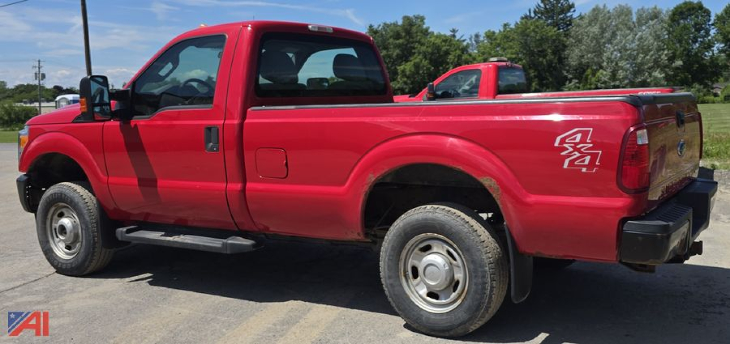 Ford F-250 Super Duty XL pickup truck side view showing extended cab, red paint, 4x4 badge on rear quarter, utility bed, black bumper, and dual rear tires.
