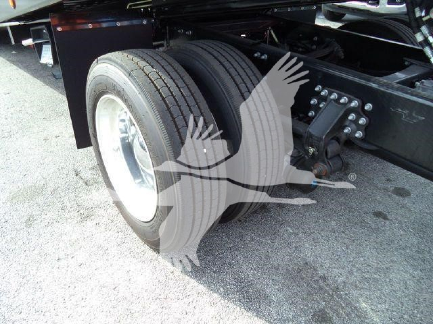 MD6 truck rear dual wheels and suspension viewed from side showing tire tread and undercarriage components.