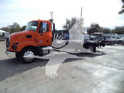 MD6 rollback truck with orange cab and flatbed side view showing basic exterior features.