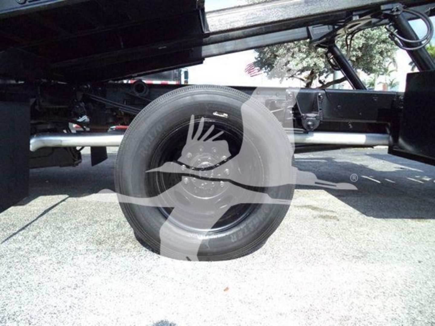 Truck rear wheel and undercarriage view showing tire and hydraulic components