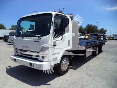 Isuzu NPR/NRR rollback tow truck in white, front cab and flatbed visible with stock number NRRGAS22XLP.