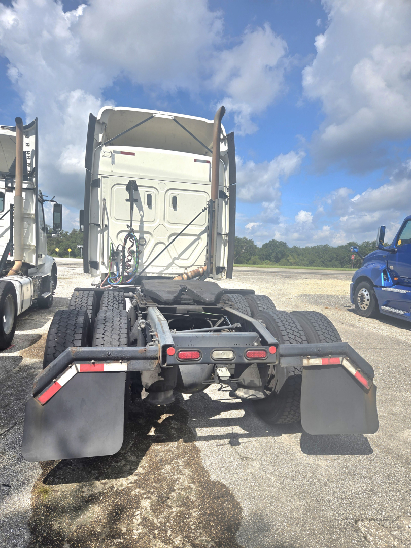 Truck rear view showing fifth-wheel chassis and dual rear axles of a 2019 Freightliner Cascadia midroof, with mudflaps and wiring harness visible.