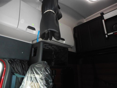 Freightliner Cascadia interior cab area showing overhead storage and bunk space with light gray panels.