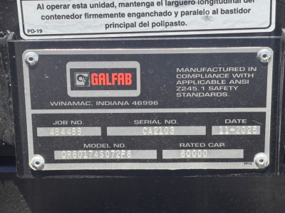 Galfab plate showing manufactured in compliance with ANSI safety standards, Winamac, Indiana. Job No. 484455, Serial No. CA2103, Date 11-2025. Model No. 080174S072F6, Rated Cap. 60000.