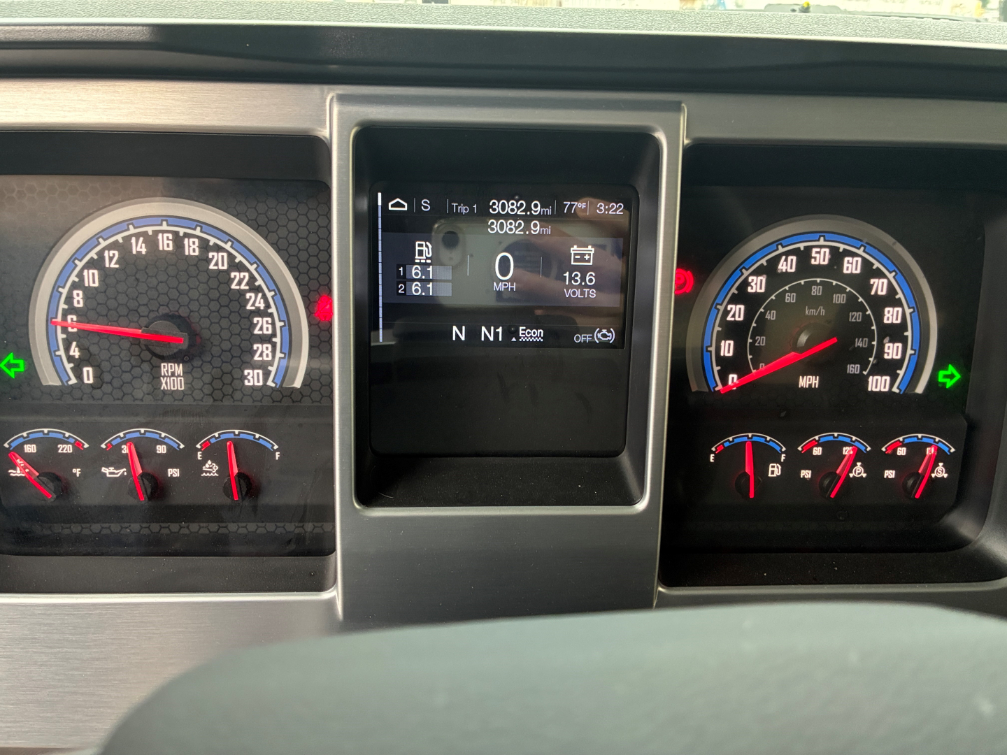 Dashboard of 2026 Mack PI64 showing instrument cluster with speedometer, tachometer, and central digital display. Visible texts include RPM gauges, gear indicators N, D, and digital readouts; multiple small indicators and warning lights.
