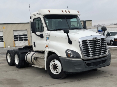 Freightliner Cascadia125 conventional daycab truck front-left view showing dual rear axles, white cab, prominent grille, and large side mirrors.
