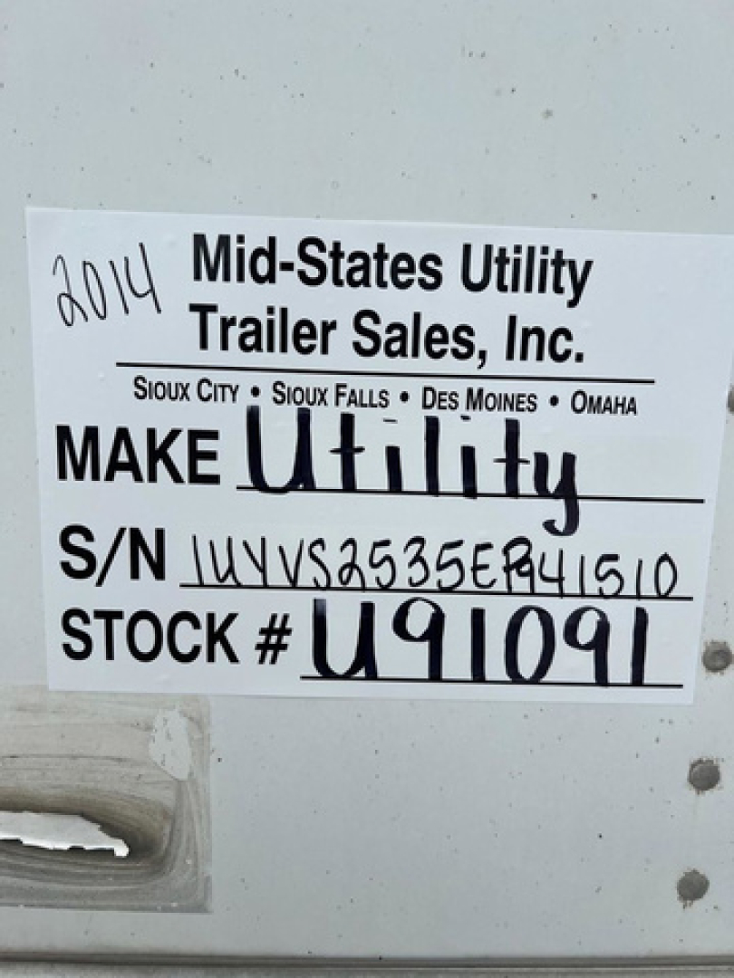 Label on utility trailer showing ‘Mid-States Utility Trailer Sales, Inc.’ with Make Utility handwritten and S/N UYVS... and Stock # U91091.