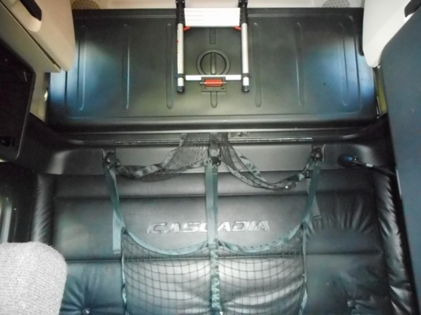 Cab interior of a Freightliner Cascadia 126 sleeper showing cargo area with net system and storage compartments.