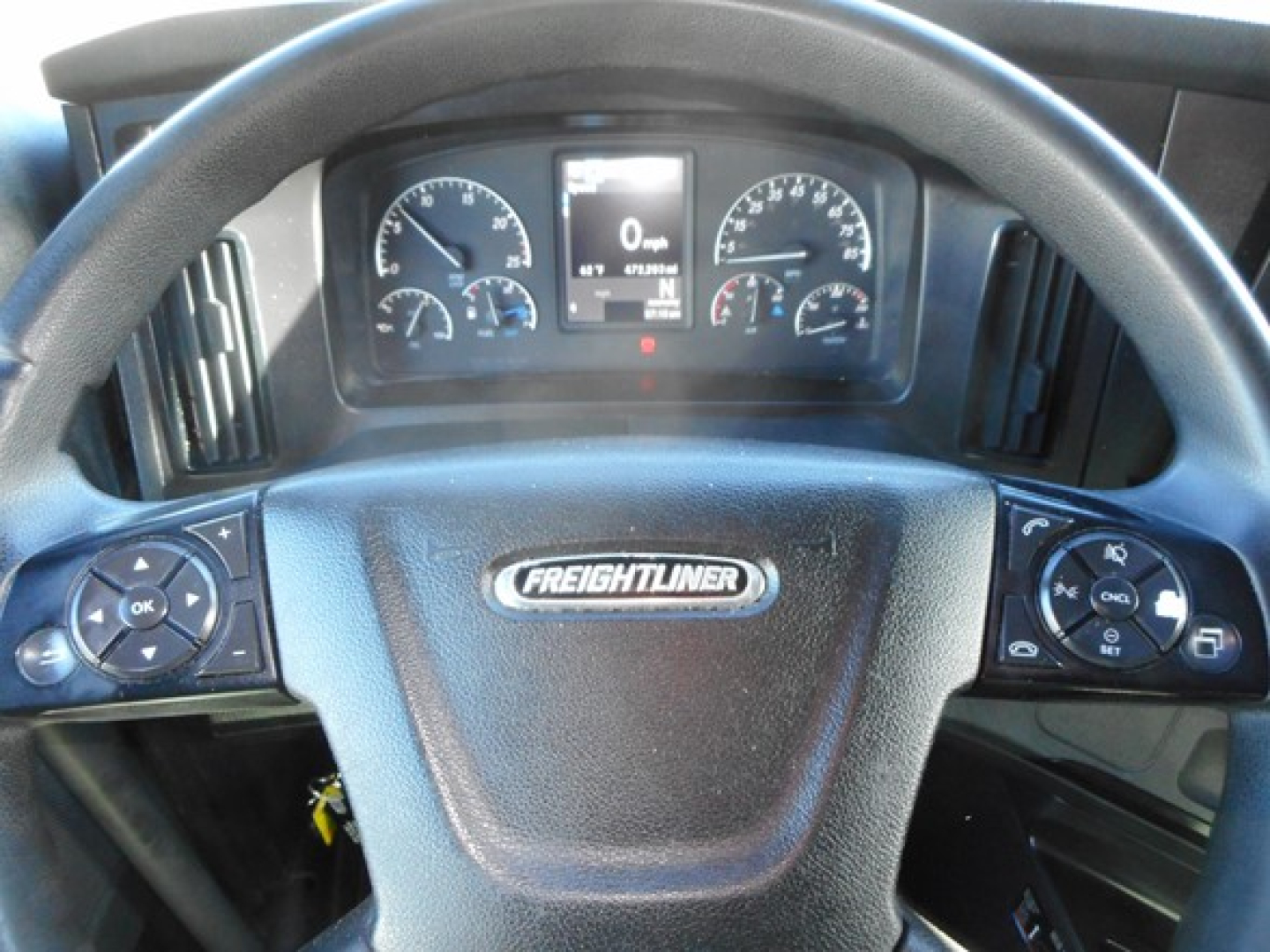 Freightliner Cascadia 126 steering wheel with instrument cluster visible and control buttons on both sides.