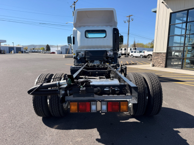 Isuzu NPRXD cab and chassis back view showing rear bumper lights and chassis with dual rear axles, blank cargo bed area, and cab in distance.