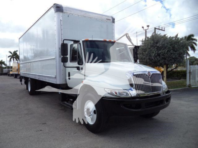 Box truck side and front view showing 2019 International 4300 with large white cargo box and dual rear wheels.