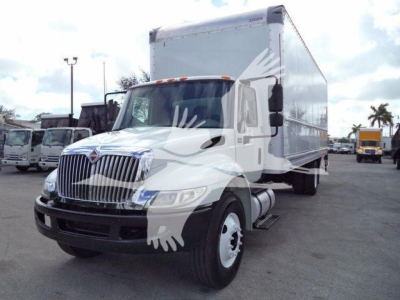 Box truck with cab and box for 2019 International 4300 showing front grille, headlights, and box entire length.