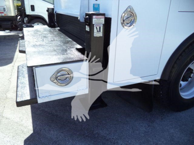 Kenworth T270 service truck with open flatbed drawer and storage cabinet showing metal handles and a rounded emblem on the cab door.