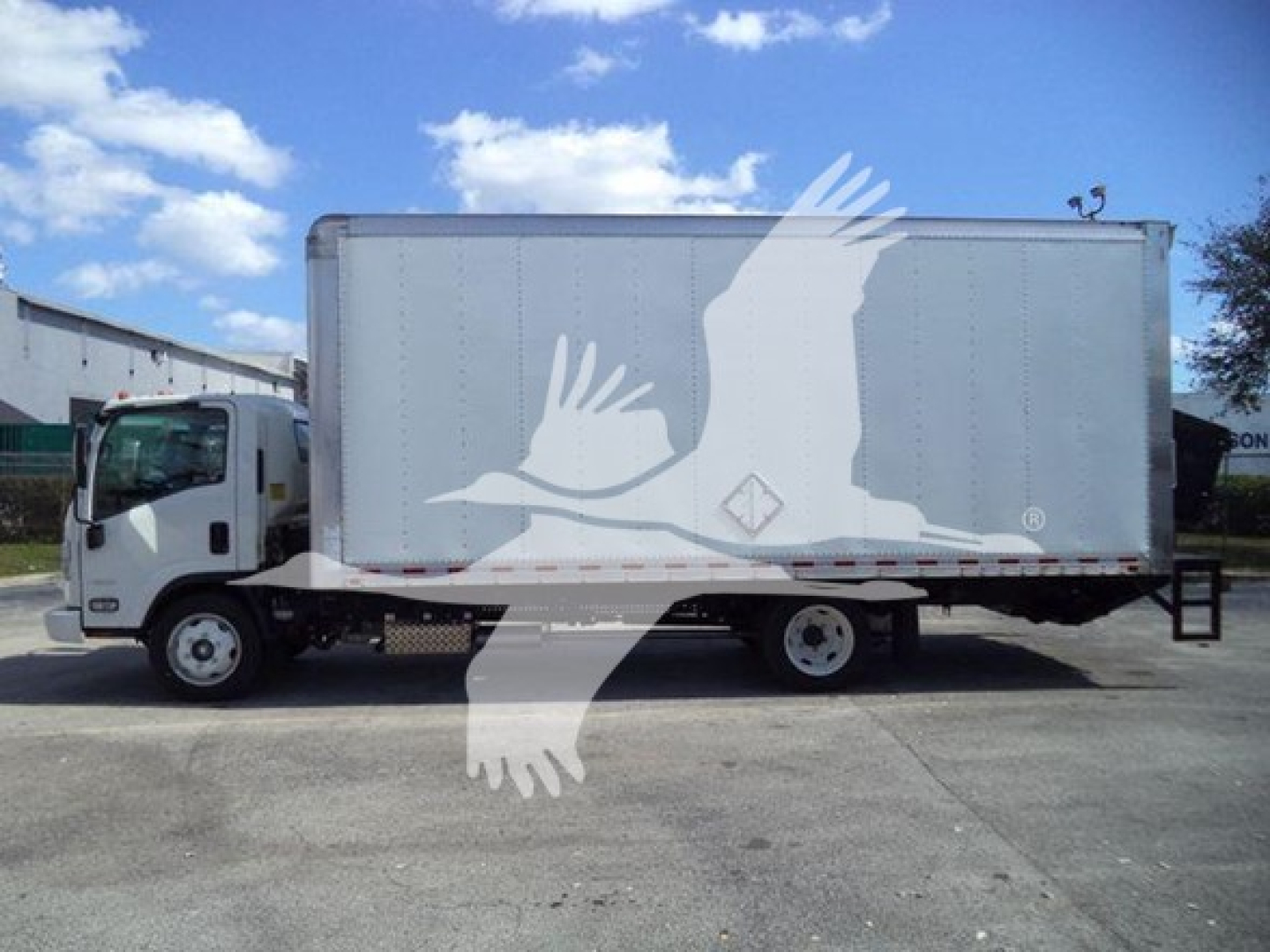 Box truck side profile with Isuzu NPR chassis and large cargo box; sales sticker text not legible.