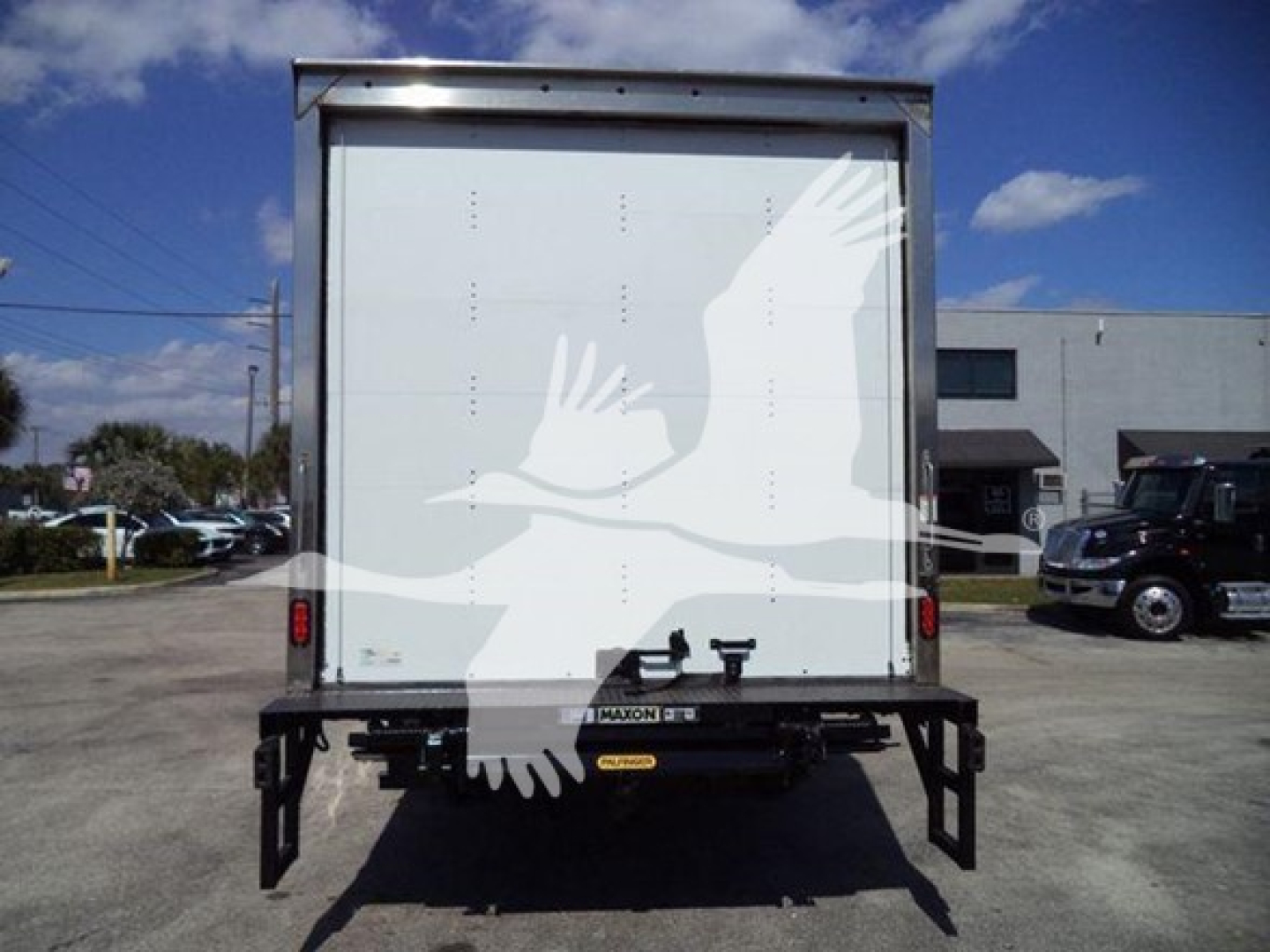 Isuzu NPR box truck rear view showing clean white cargo doors and bumper with reflective labels.