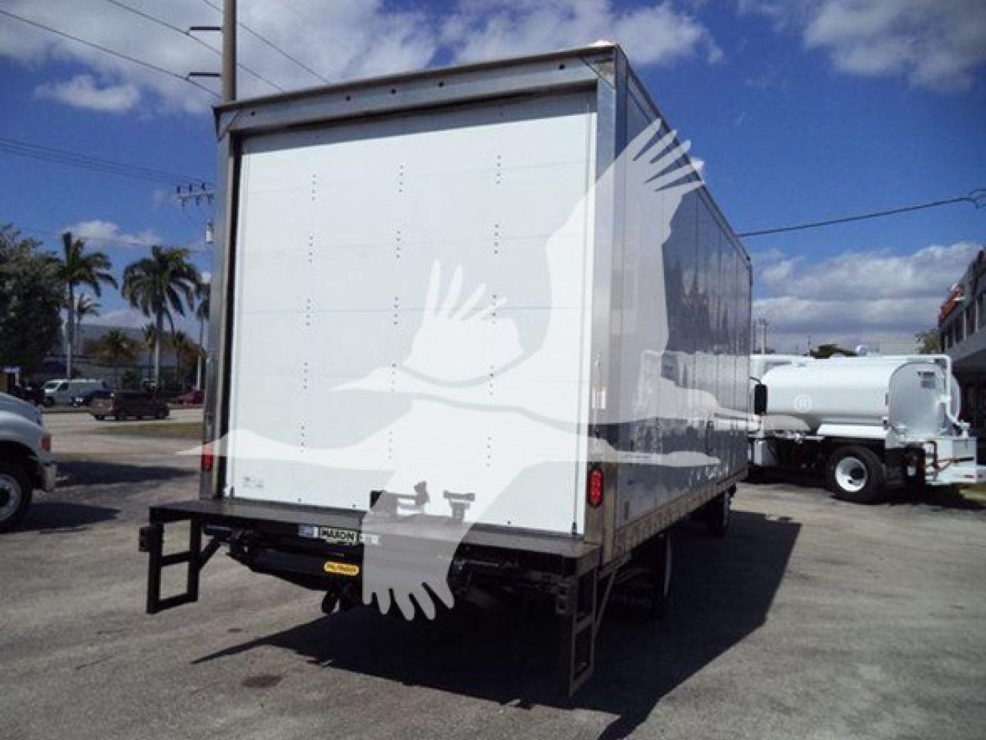 Isuzu NPR box truck rear view showing solid white box cargo area and black undercarriage.