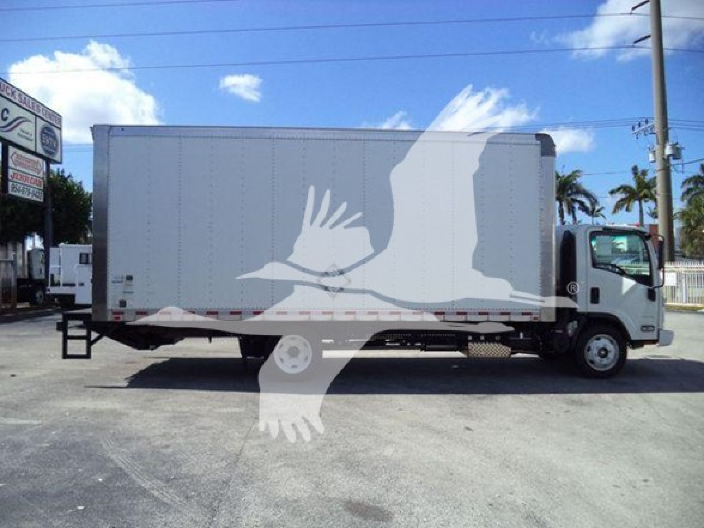 Isuzu NPR box truck side view showing a large white graphic on the cargo box and cab; no legible labels visible on the truck side.