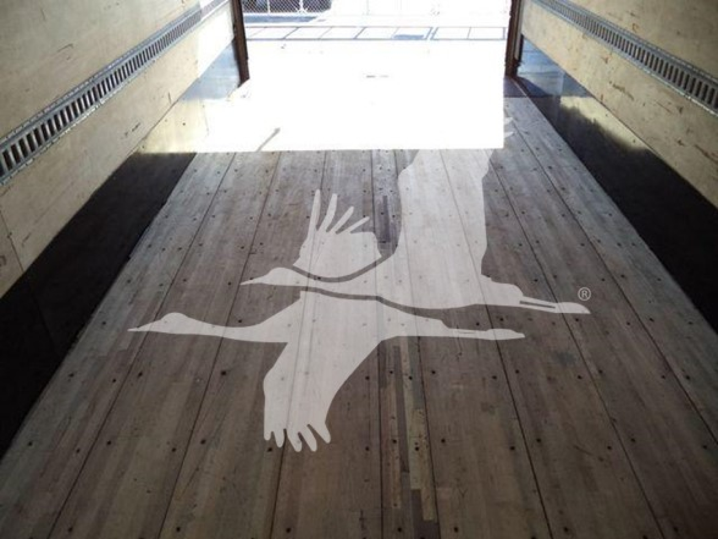 Truck cargo area with wooden floor and a large white bird logo (swooping seagull) painted on the floor, open rear doors.