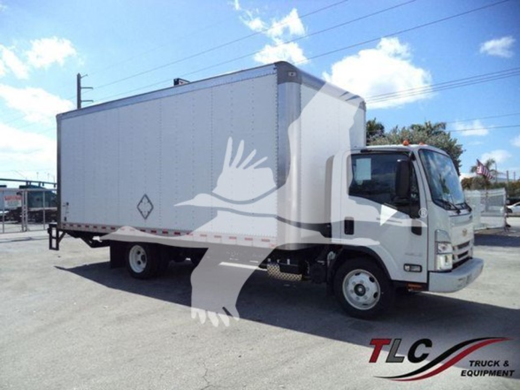Isuzu NPR box truck showing cargo box and cab; front right side visible; stock decal and equipment markings.
