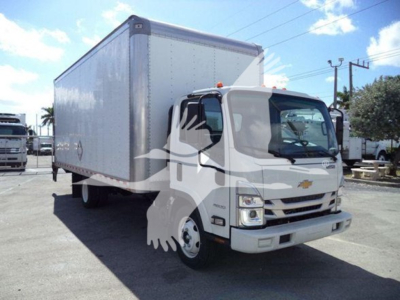 Isuzu NPR box truck showing front and side view with white cab and large rectangular box.