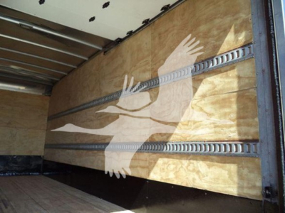 Truck interior side of Isuzu NPR box truck with wooden panel and cargo rails.