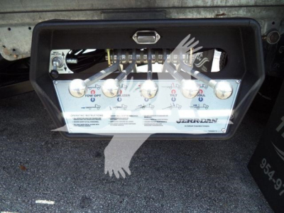 Control panel with multiple levers and labels mounted on a Kenworth T880 rollback truck setup showing four lever handles and instructional text.