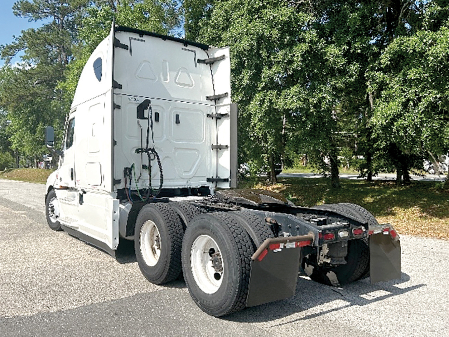 Freightliner Cascadia126 tractor rear view showing fifth wheel area and dual rear axles with white paint and black mudflaps.