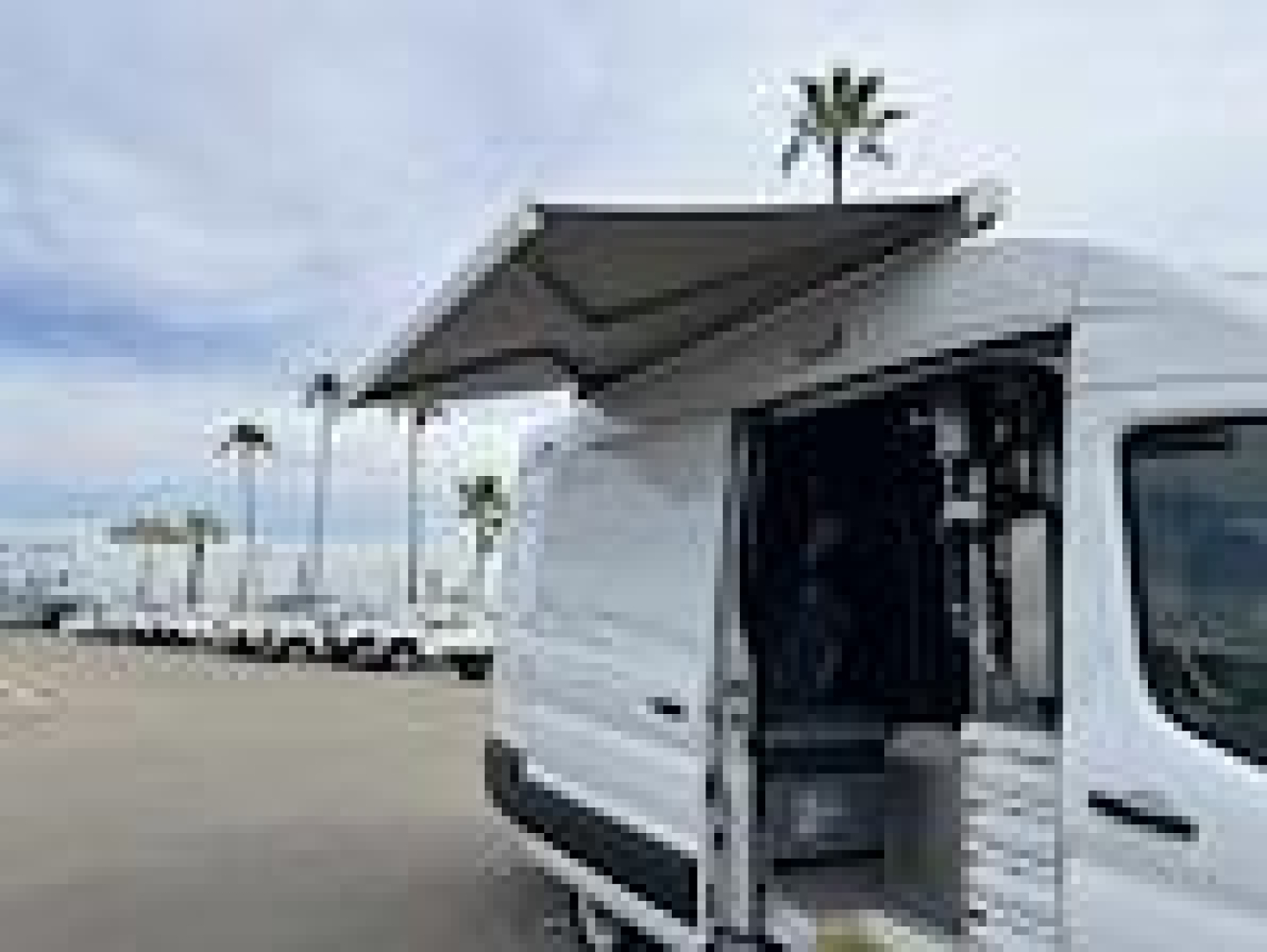 Ford Transit van rear side view showing open cargo door and interior step area.