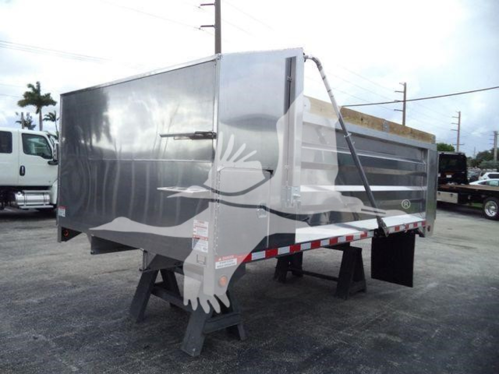 Dump trailer in aluminum with 14 ft length showing ADFAB14FTALUM1 stock number and New/Used category; reflective safety stripes on sides.
