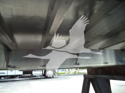 Metal dump trailer frame with a white logo of a bird in flight graphic visible under the trailer.