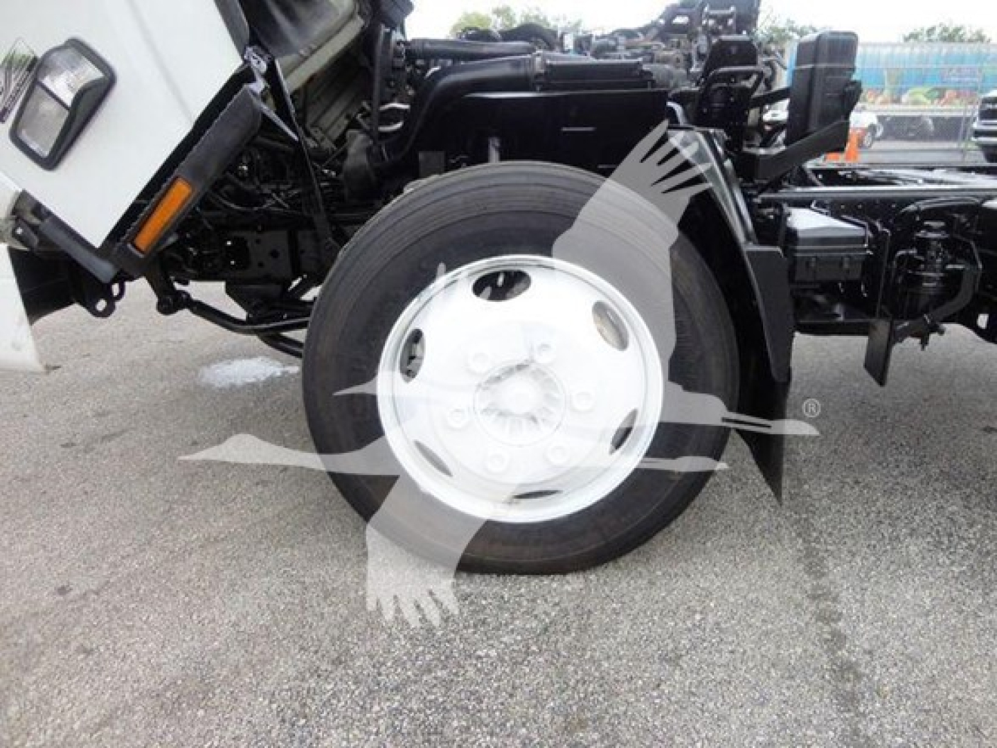 Isuzu NQR truck front wheel area showing a large white steel wheel and exposed suspension components; faint watermark logo across the image.