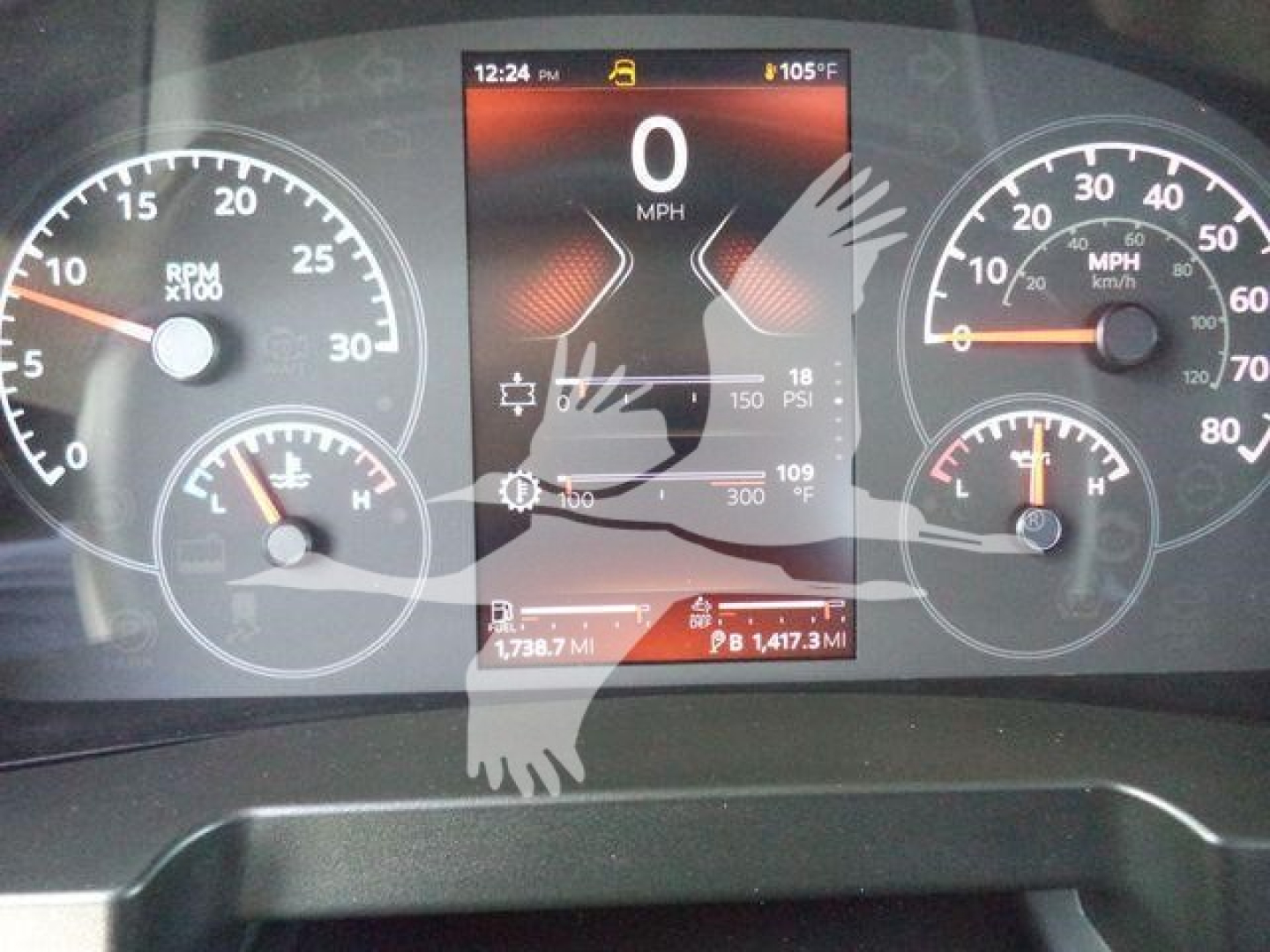 Dashboard panel of a Peterbilt truck showing digital display with 0 MPH, multiple analog gauges, and odometer/readouts; appears to be new 2027 Peterbilt 536, stock SNGPETE536.