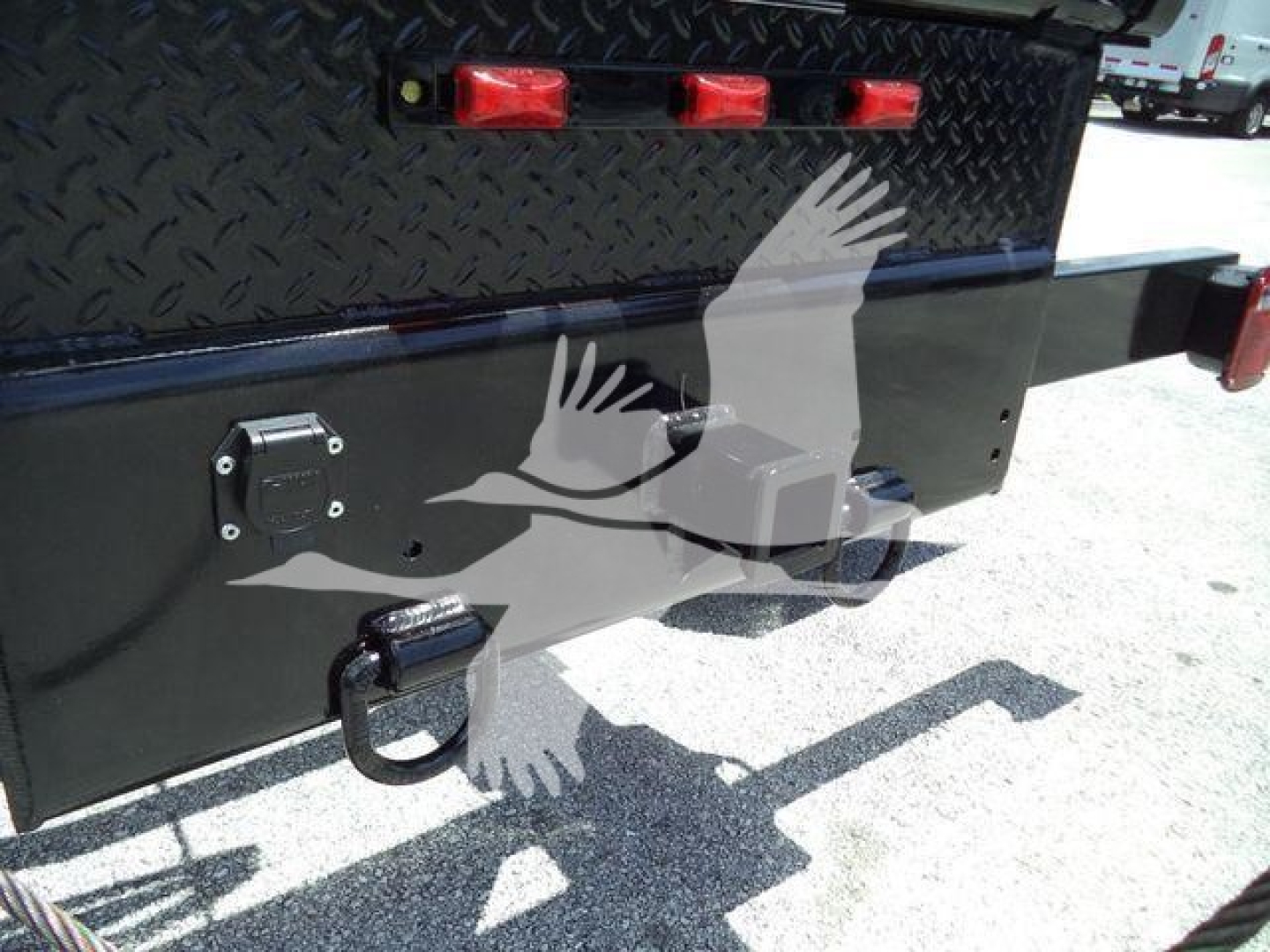 Rear view of a Peterbilt truck utility body showing a square access panel, a hitch D-ring, and diamond plate pattern; no legible model text visible on the image.