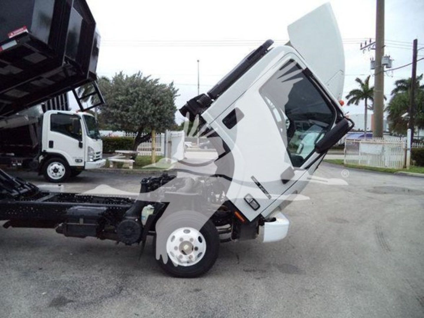Isuzu NPR truck with cab tilted forward for engine access, showing chassis and front wheel on a dump bed configuration.