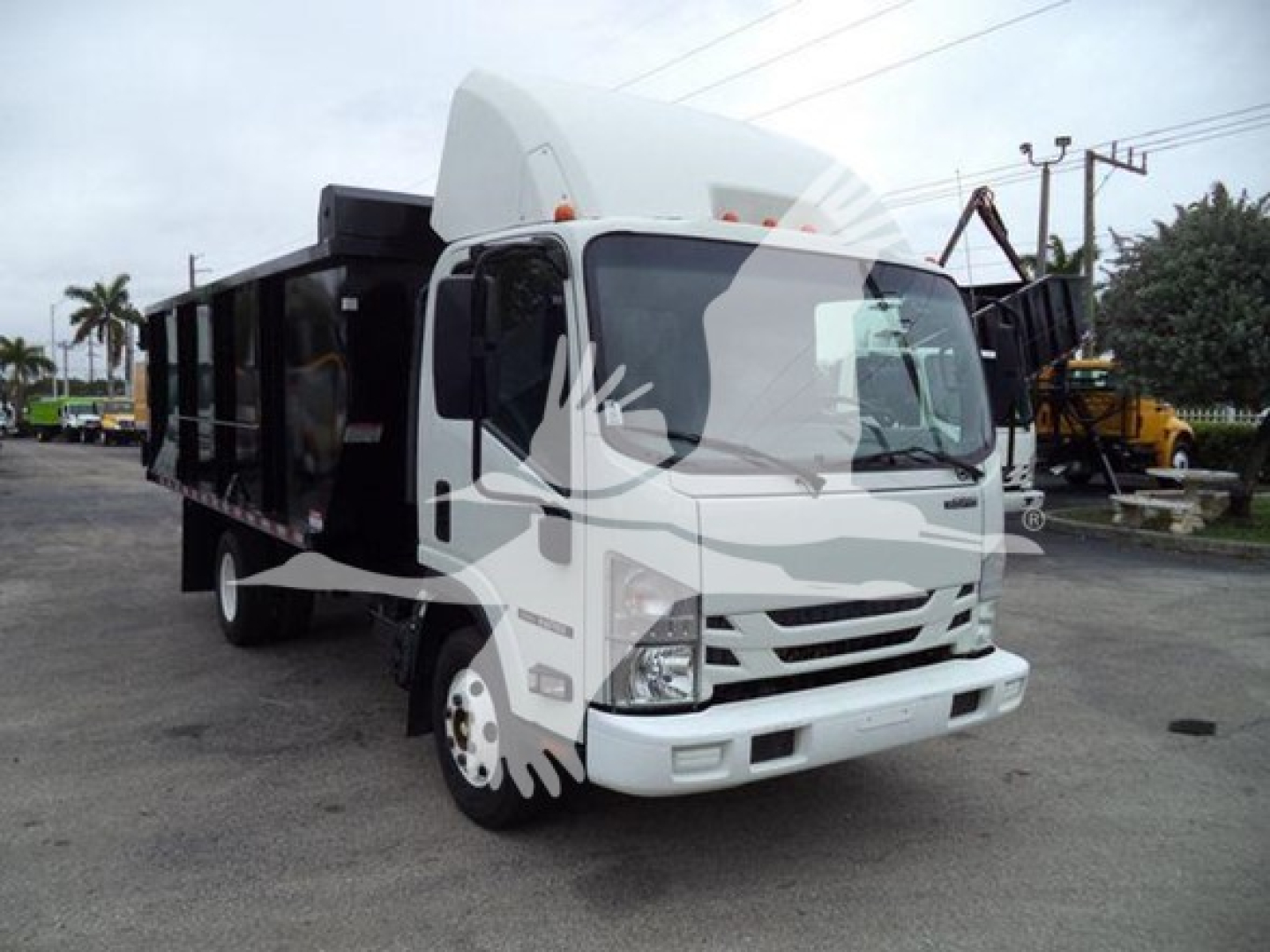 Isuzu NPR truck with dump bed, front view, white cab, with lifting mechanism on dump bed in background.