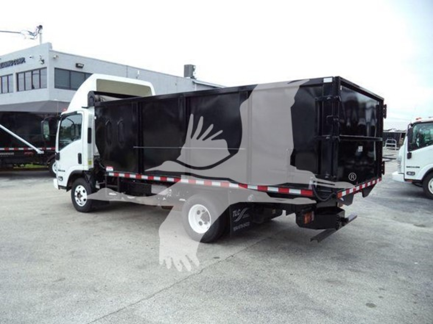 Isuzu NPR dump truck rear/side view showing black dump body with white pickup-style cab.